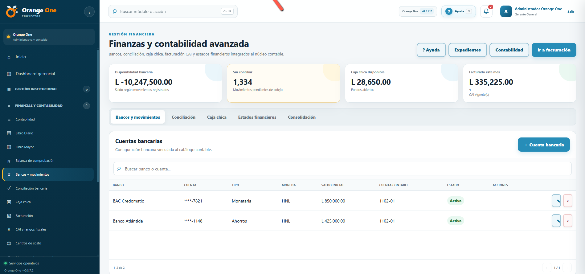 Pantalla real del módulo de finanzas y contabilidad de Orange One